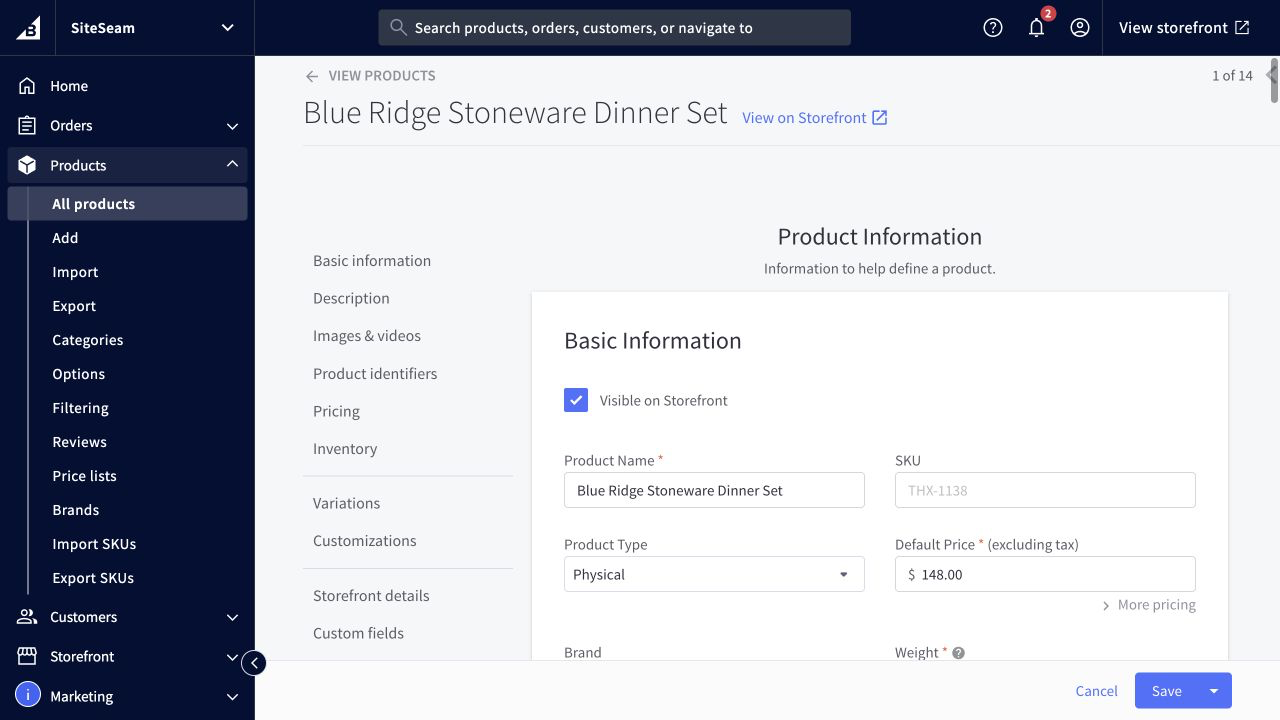 BigCommerce product editor showing the completed product record