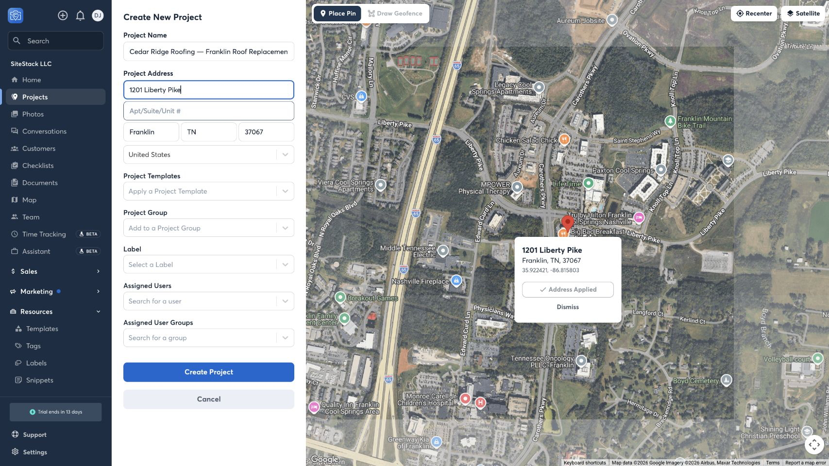 CompanyCam form for creating a new jobsite project