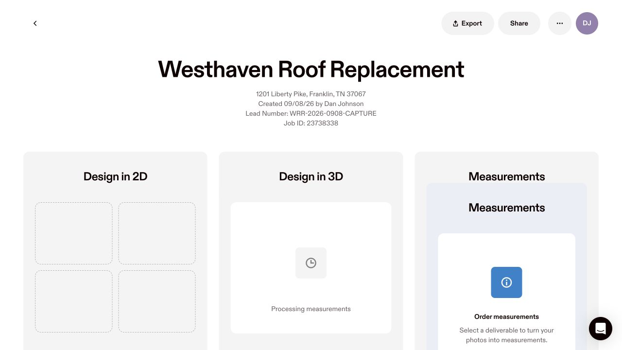 Hover job view showing the exterior project details