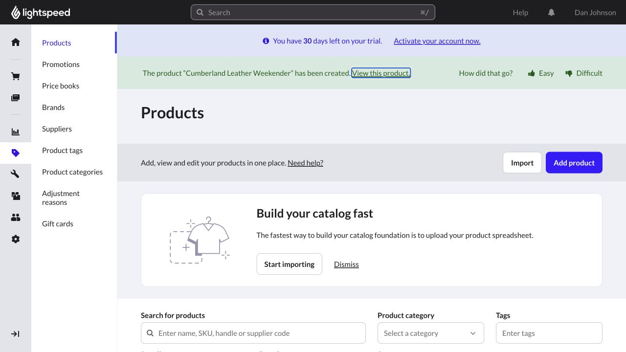 Lightspeed Retail product editor showing the completed product record