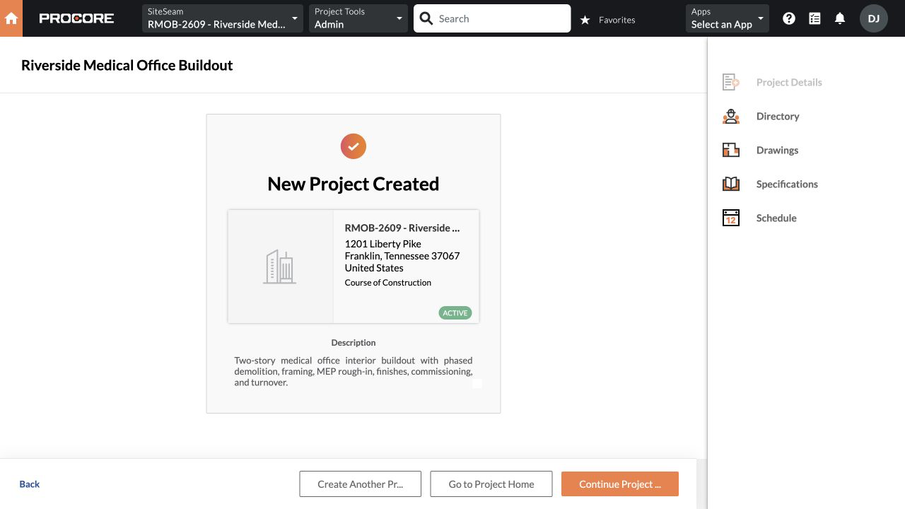 Procore project view showing the construction project details