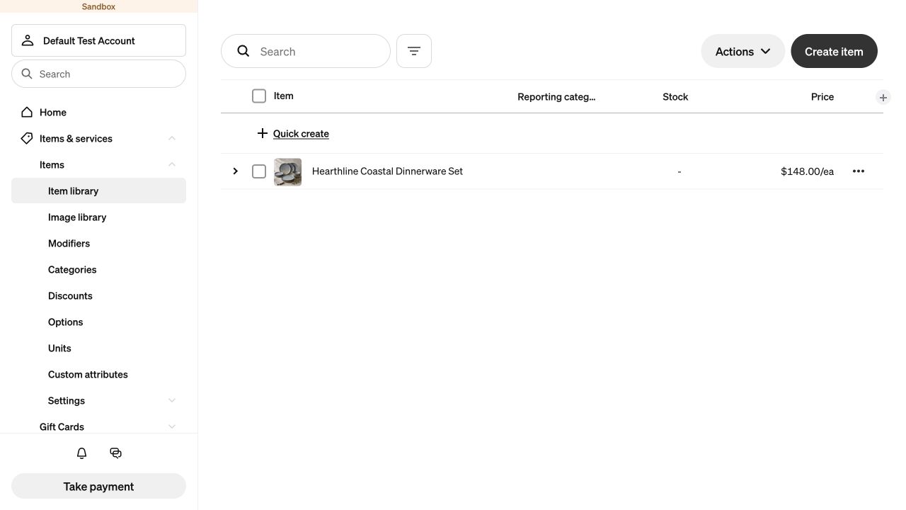 Square Sandbox item library showing the saved Hearthline Coastal Dinnerware Set