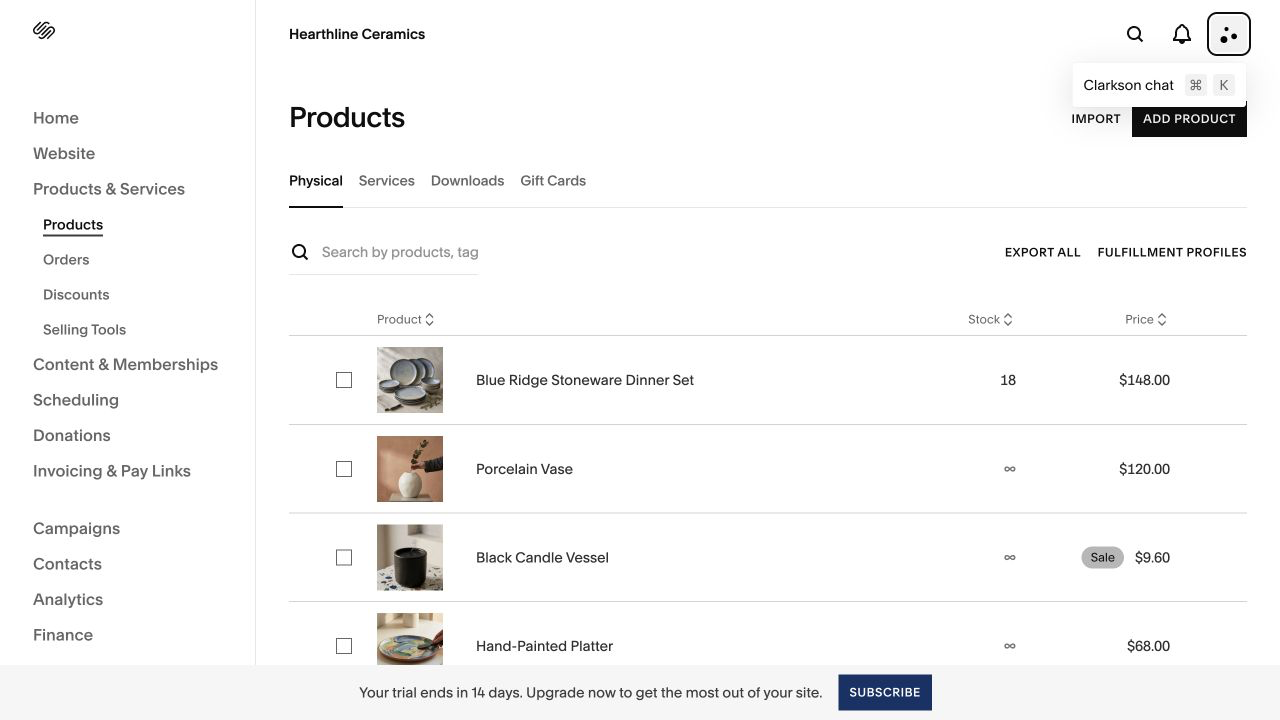 Squarespace product editor showing the completed commerce product