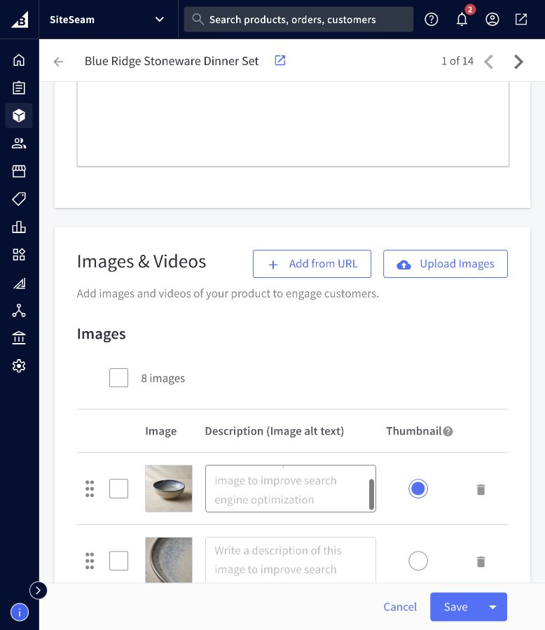 BigCommerce product editor showing the complete image gallery