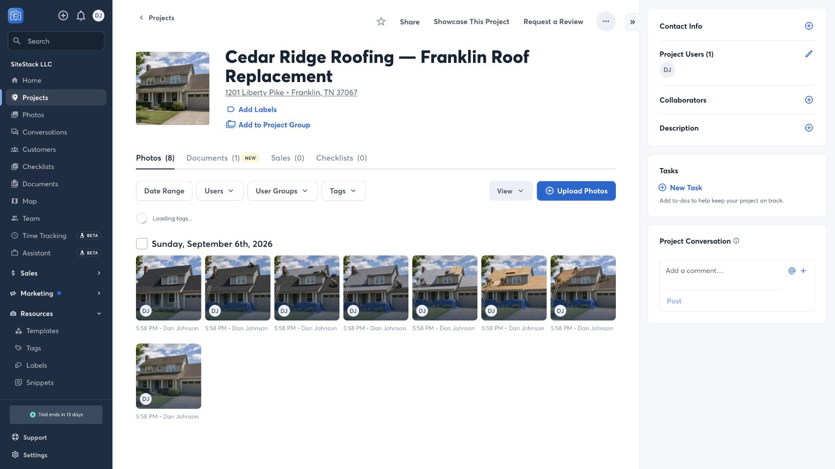 CompanyCam confirmation showing the newly created project