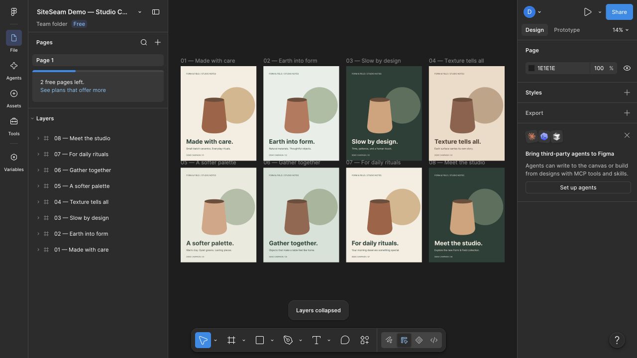 Figma editor showing eight prepared campaign frames