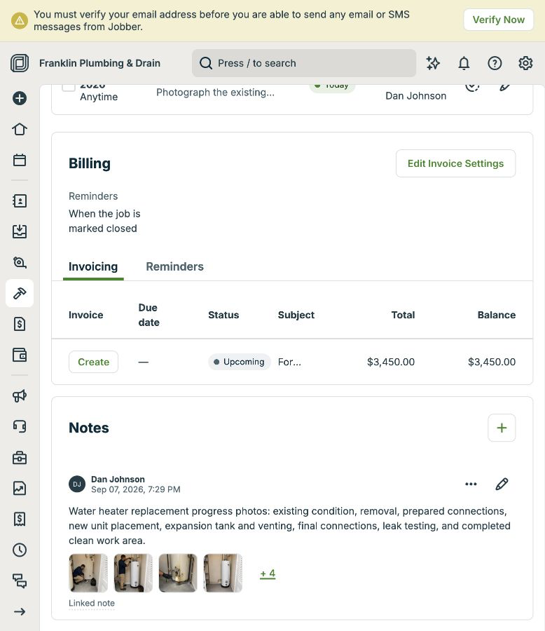 Jobber job notes showing the approved photo attachments