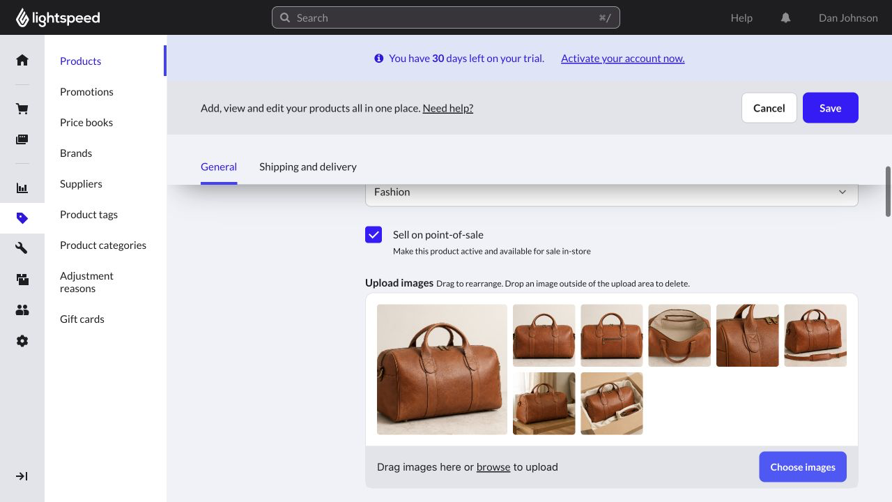 Lightspeed Retail confirmation showing the product image gallery