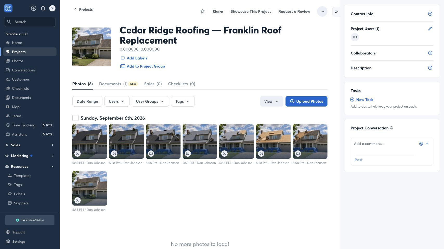 CompanyCam project gallery showing all uploaded roofing job photos