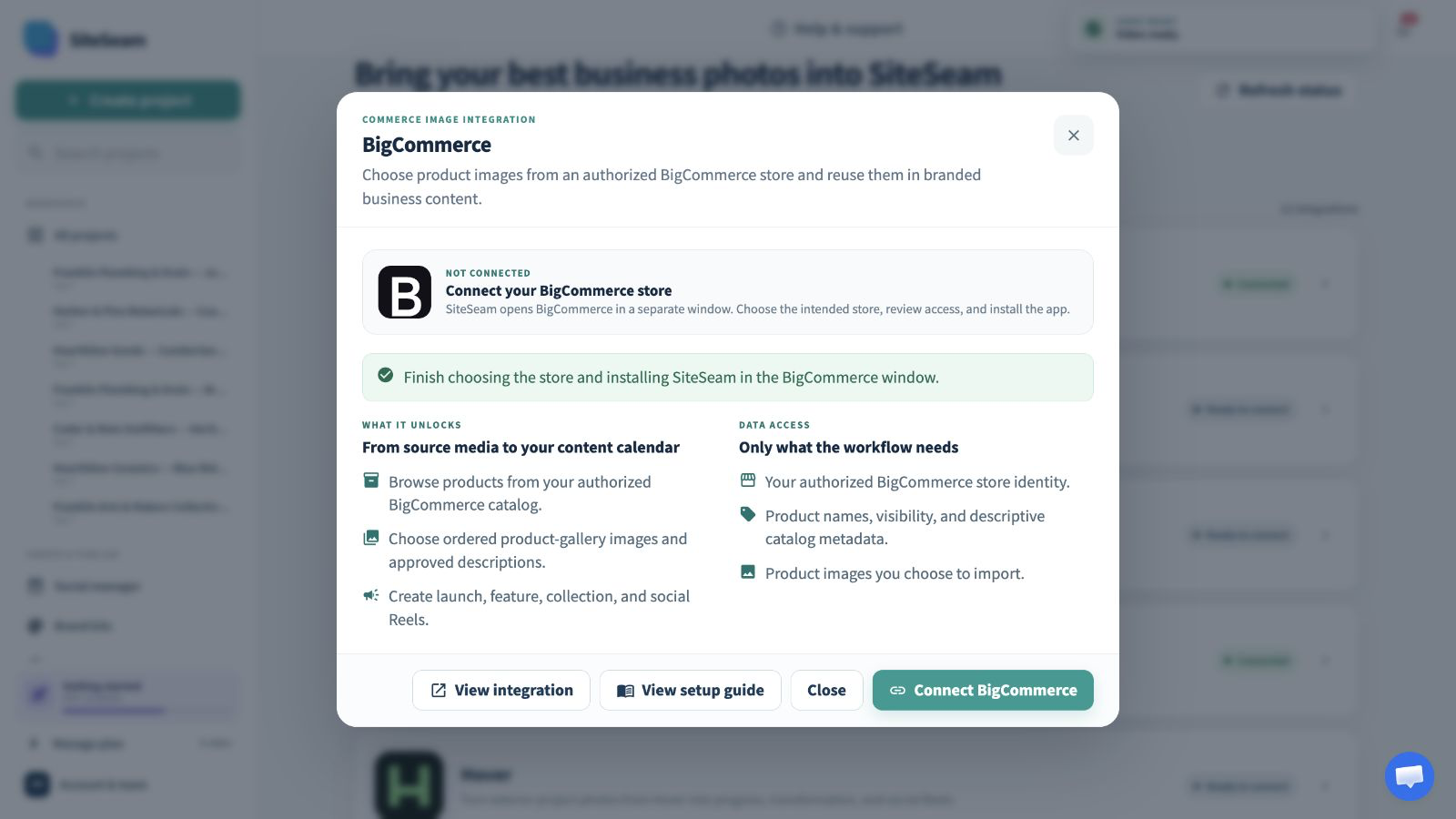 SiteSeam BigCommerce integration details with the connect action