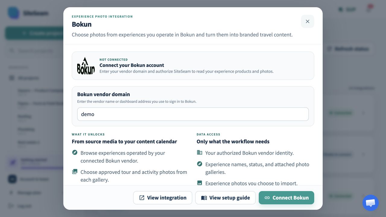 Bokun vendor connection form in SiteSeam
