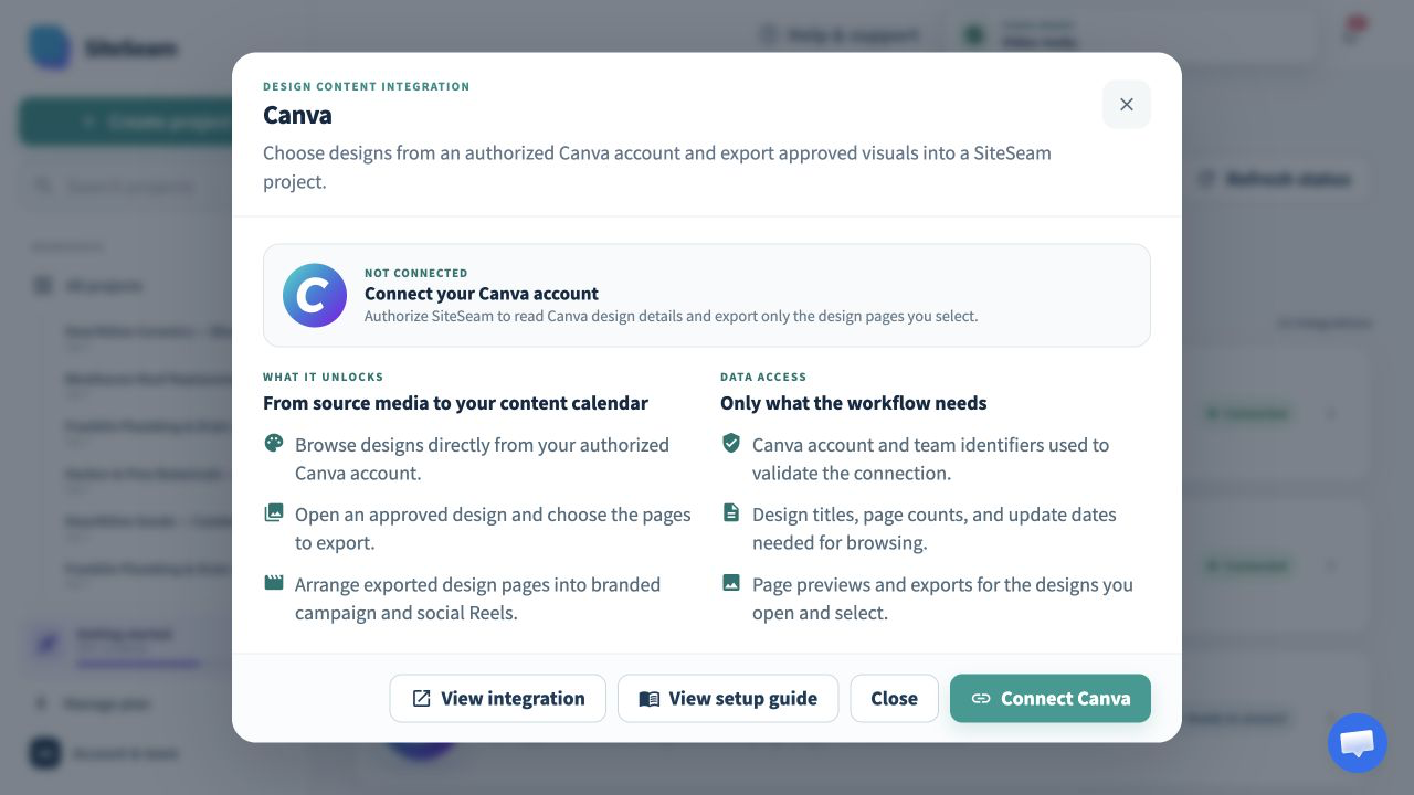 SiteSeam Canva integration details with the connect action