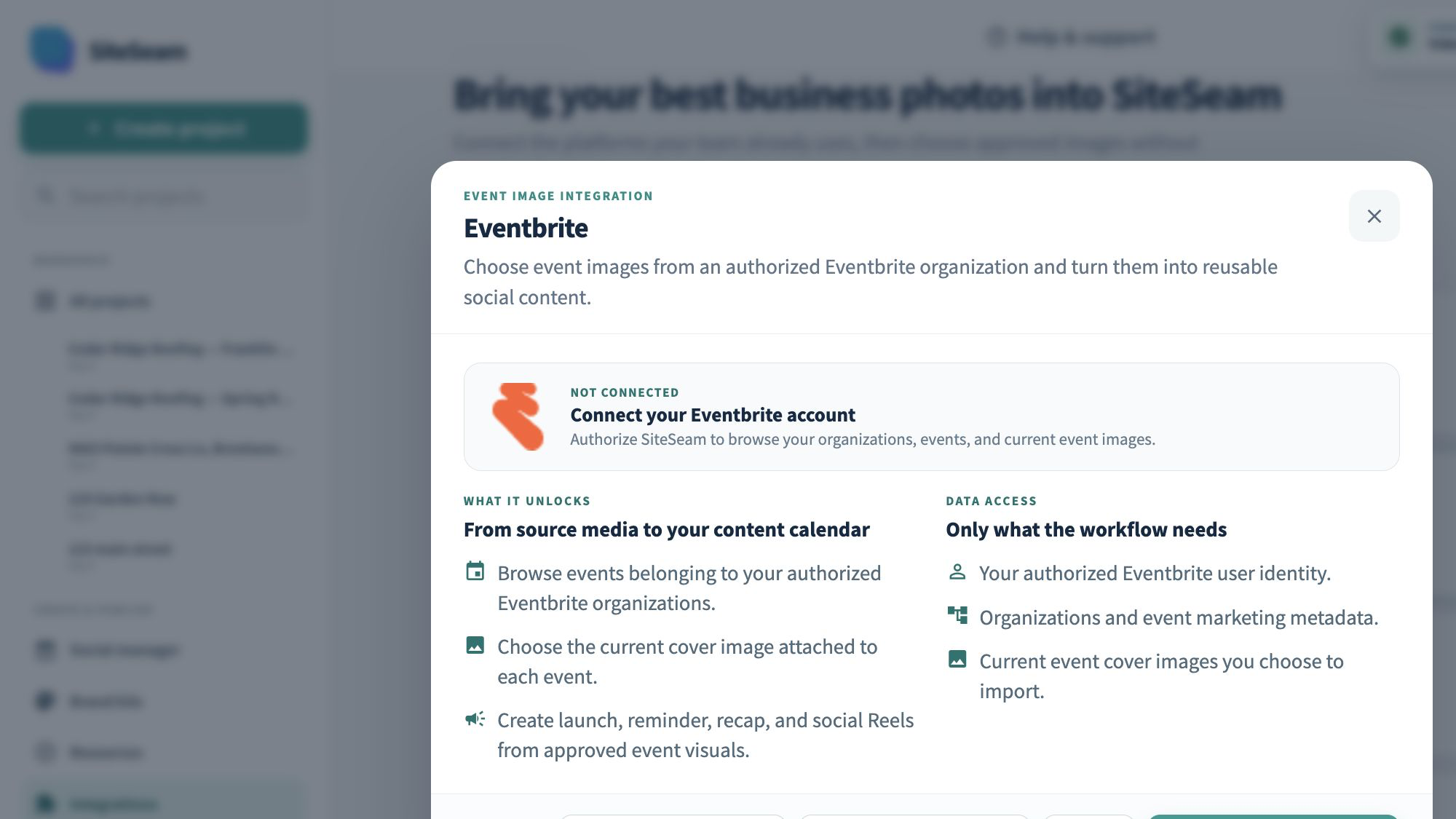 SiteSeam Eventbrite integration details with the connect action