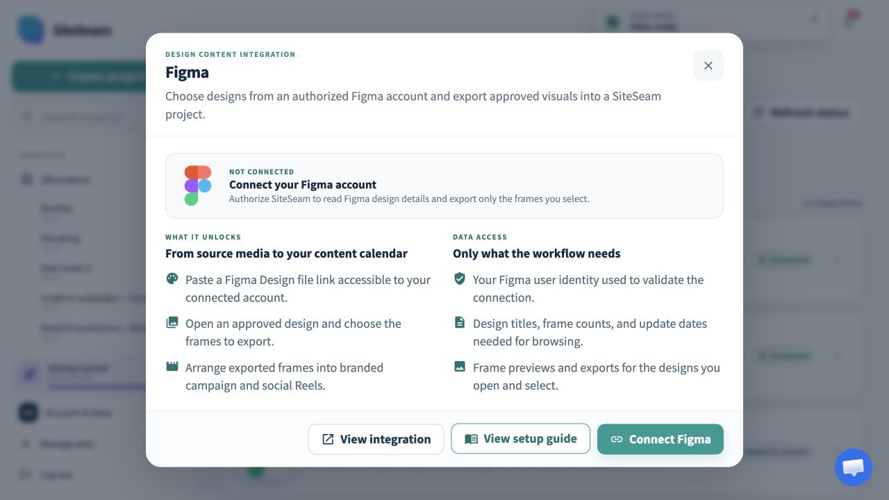SiteSeam Figma integration details with the connect action