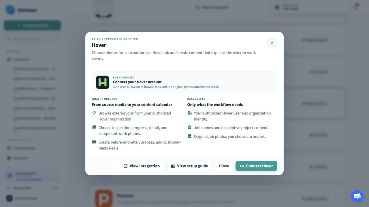 SiteSeam Hover integration details with the connect action