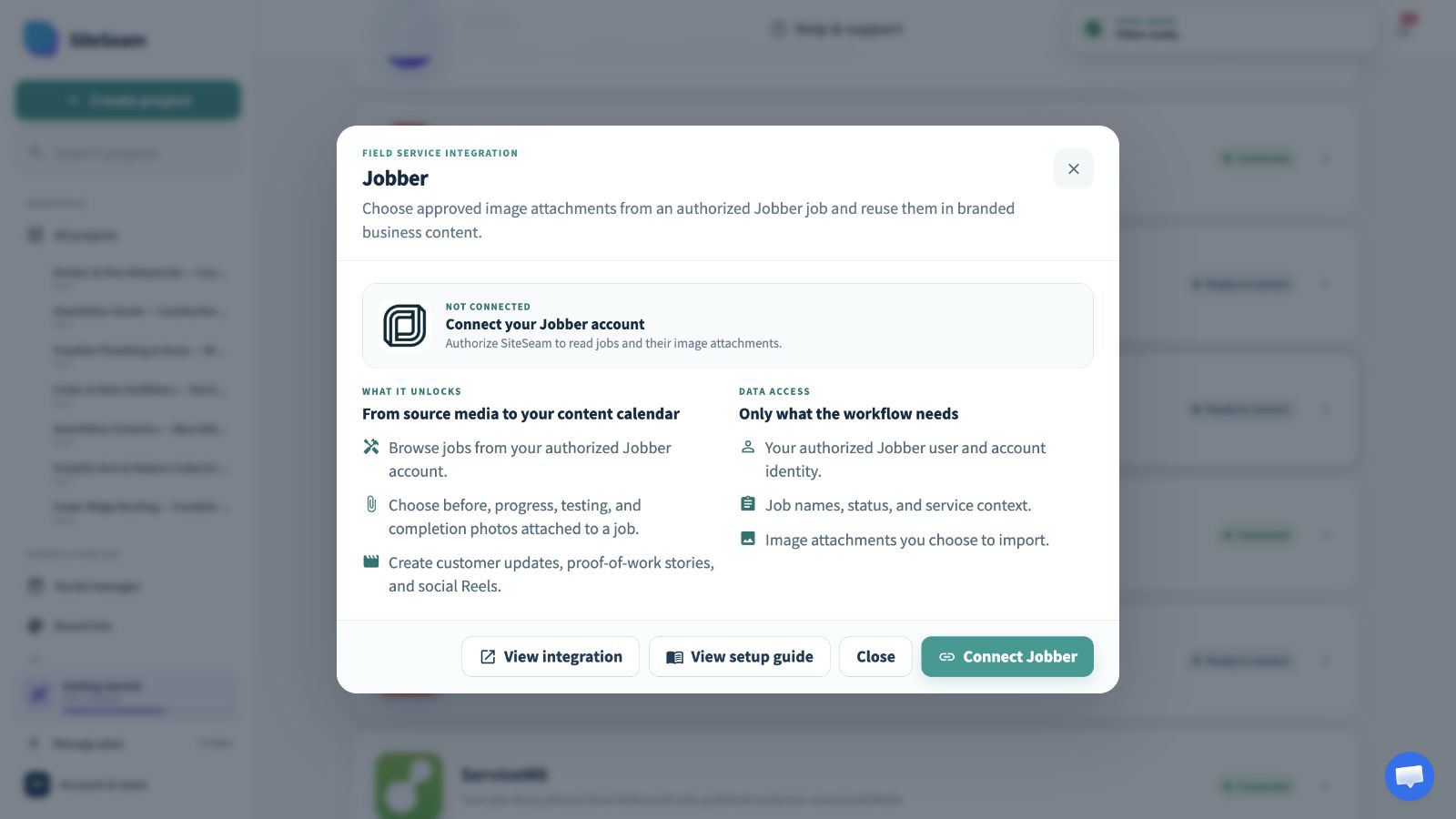 SiteSeam Jobber integration details with the connect action