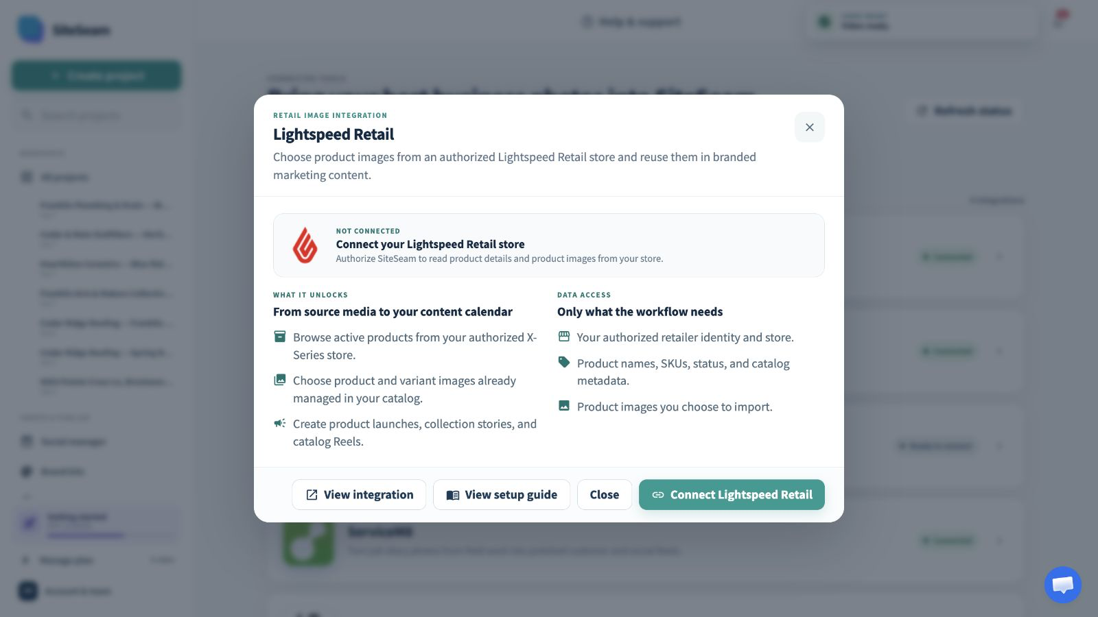 SiteSeam Lightspeed Retail integration details with the connect action