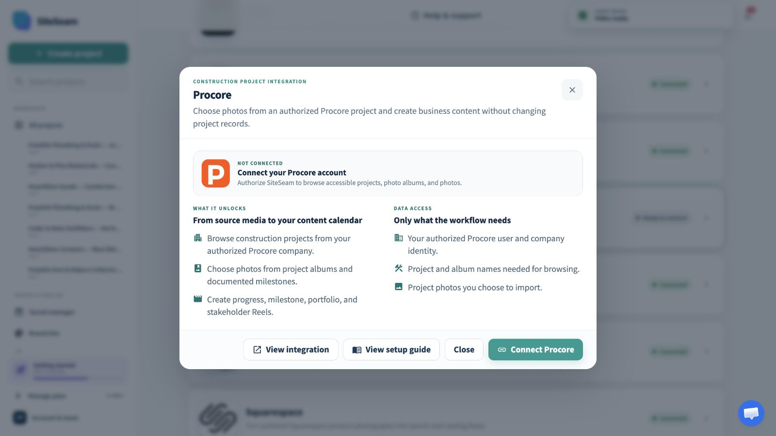 SiteSeam Procore integration details with the connect action