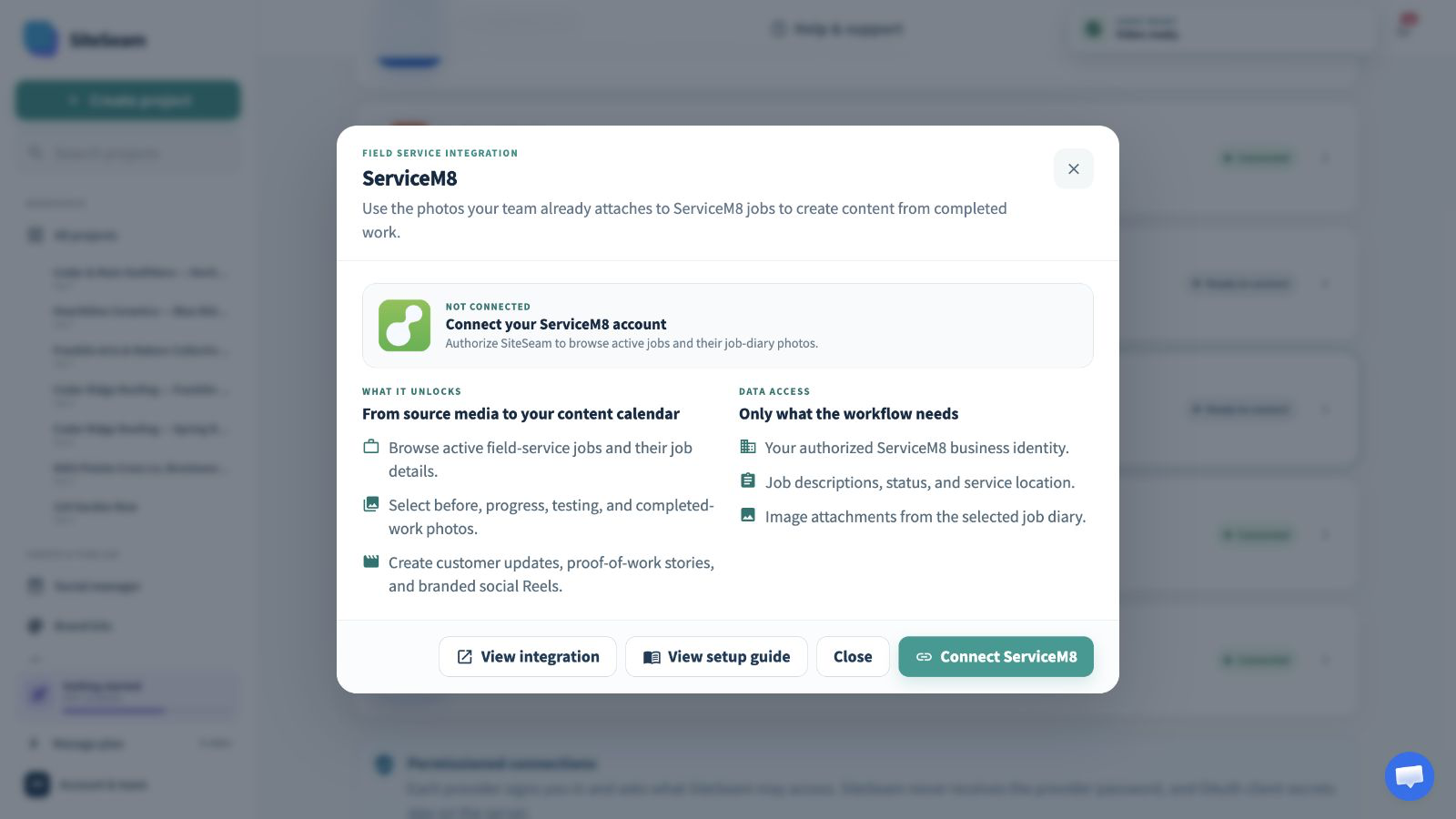 SiteSeam ServiceM8 integration details with the connect action