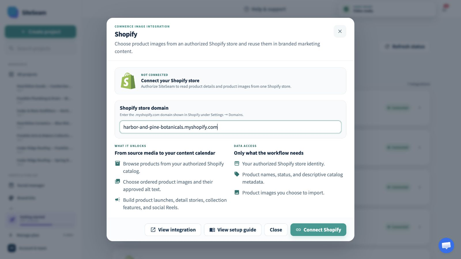 SiteSeam Shopify integration details with the connect action