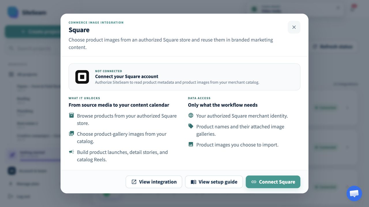 SiteSeam Square integration details with the connect action