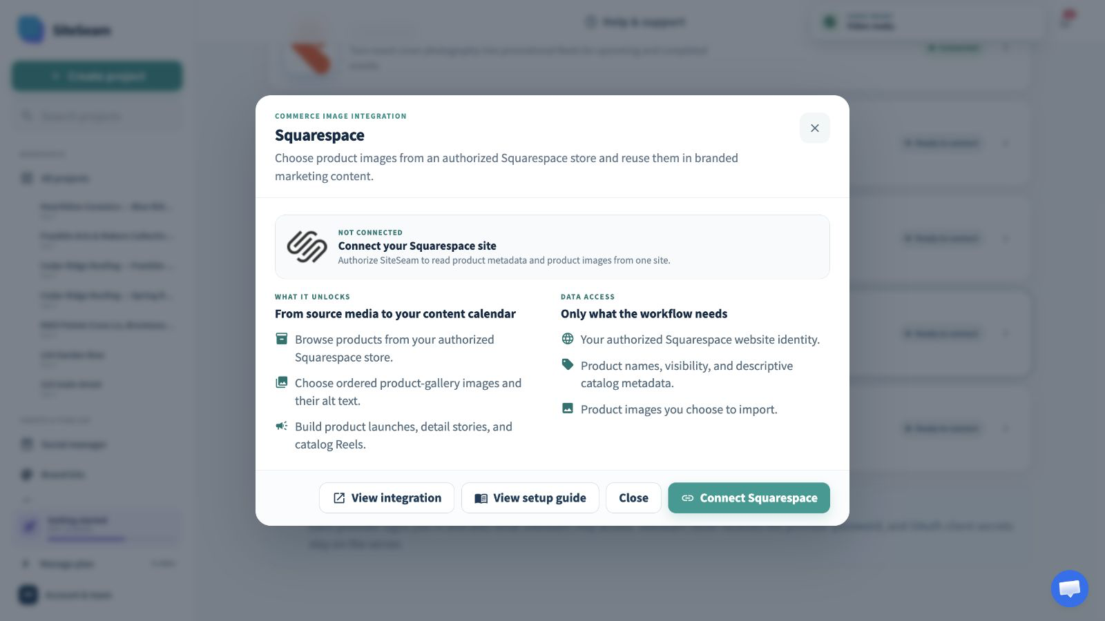 SiteSeam Squarespace integration details with the connect action