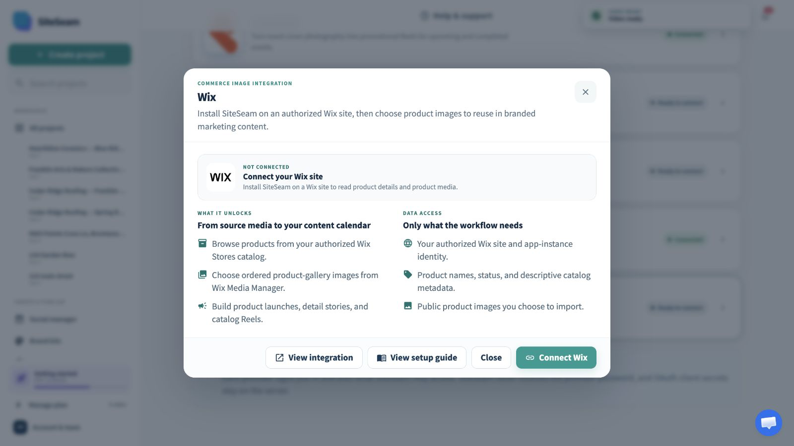 SiteSeam Wix integration details with the connect action