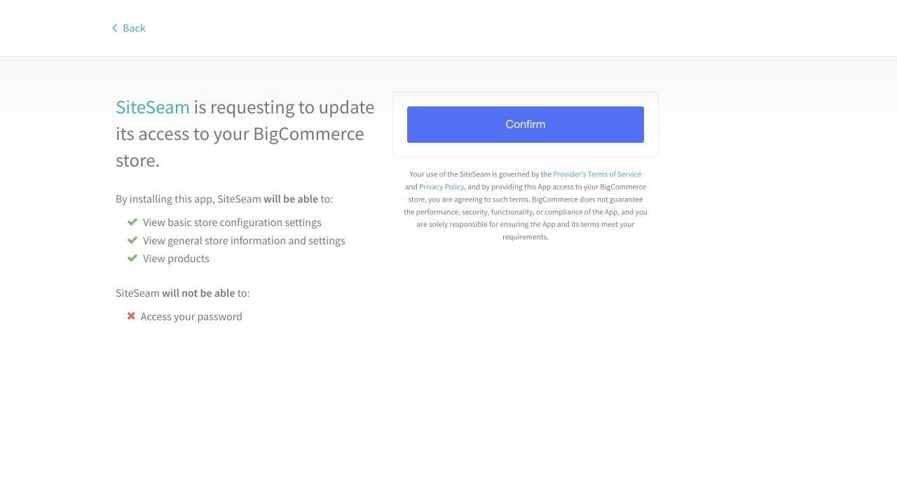 BigCommerce authorization page asking the user to approve SiteSeam access