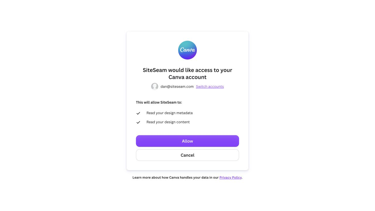 Canva authorization page asking the user to approve SiteSeam access