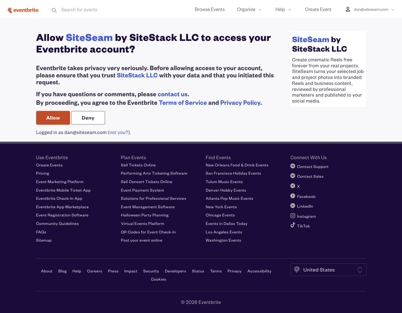 Eventbrite authorization page asking the user to approve SiteSeam access