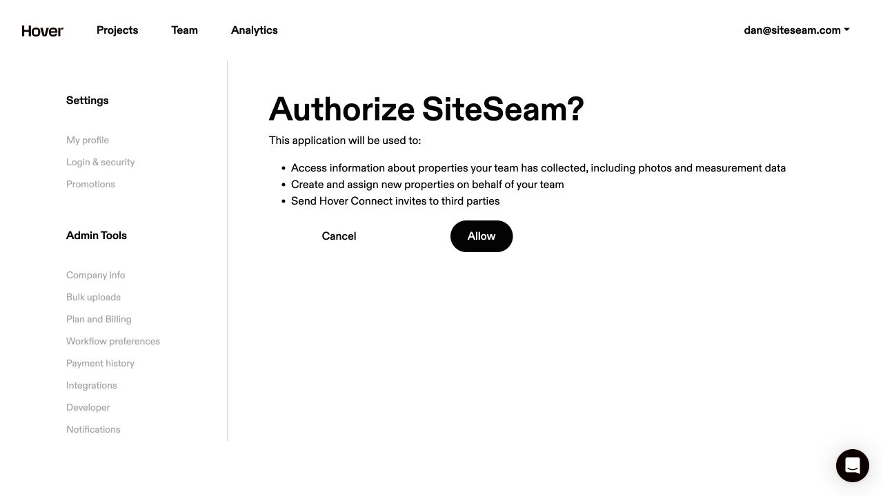 Hover authorization page asking the user to approve SiteSeam access