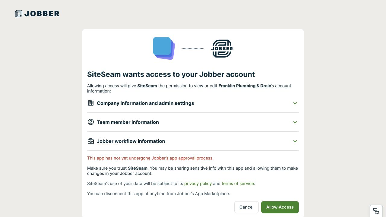 Jobber authorization page asking the user to approve SiteSeam access