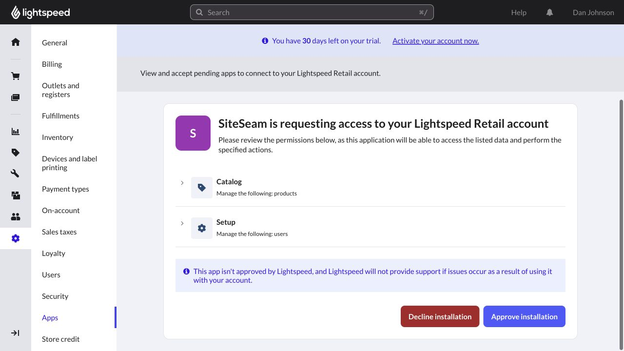 Lightspeed Retail authorization page asking the user to approve SiteSeam access