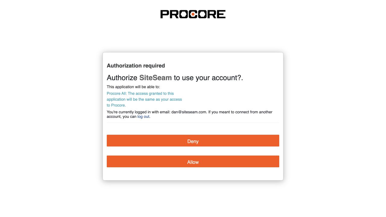 Procore authorization page asking the user to approve SiteSeam access