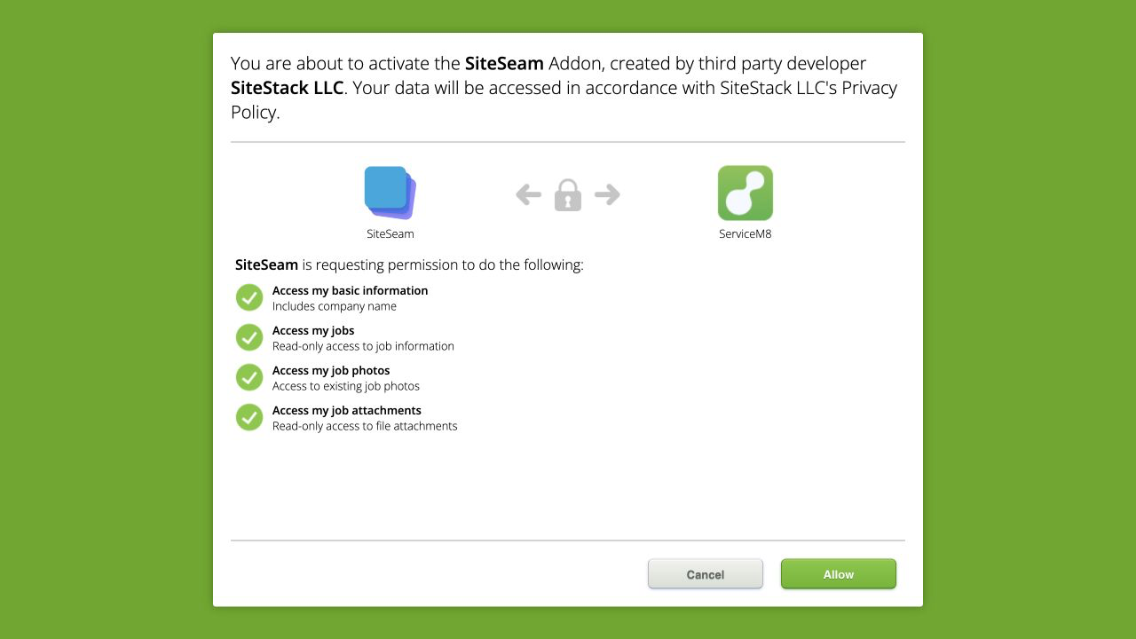 ServiceM8 authorization page asking the user to approve SiteSeam access