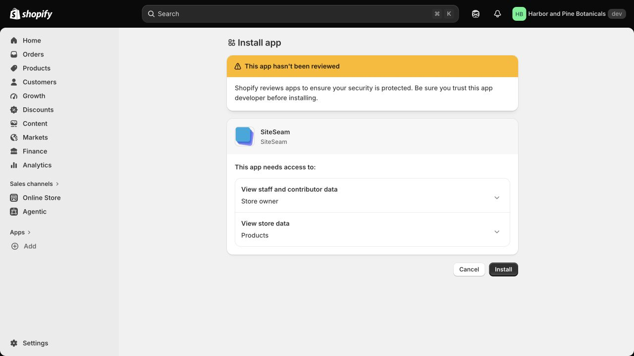 Shopify authorization page asking the user to approve SiteSeam product access
