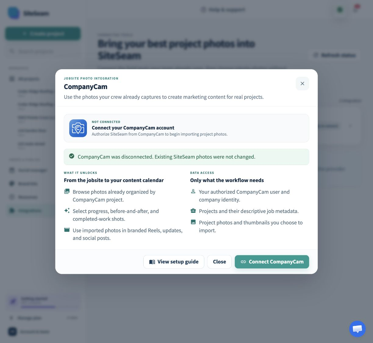 SiteSeam CompanyCam integration details with the connect action