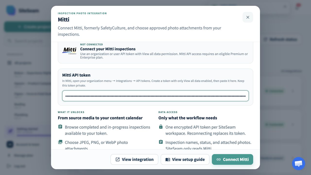 Masked Mitti API token connection form in SiteSeam
