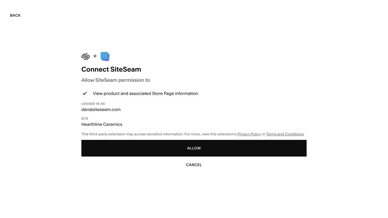 Squarespace authorization page asking the user to approve SiteSeam access