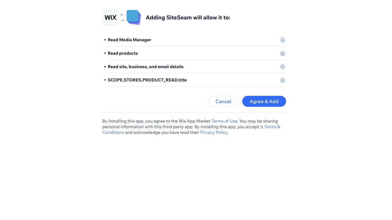 Wix app installation page asking the user to approve SiteSeam access