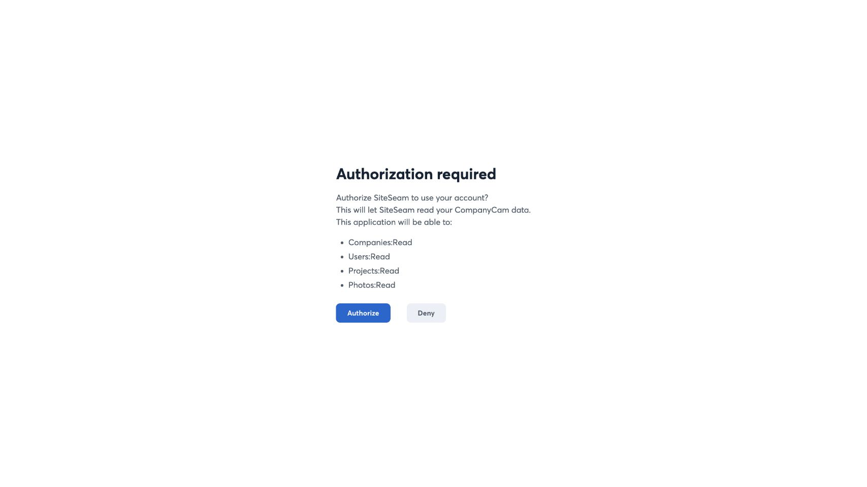 CompanyCam authorization page asking the user to approve SiteSeam access