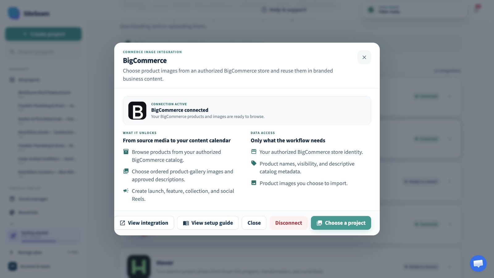 SiteSeam confirmation that the BigCommerce store is connected
