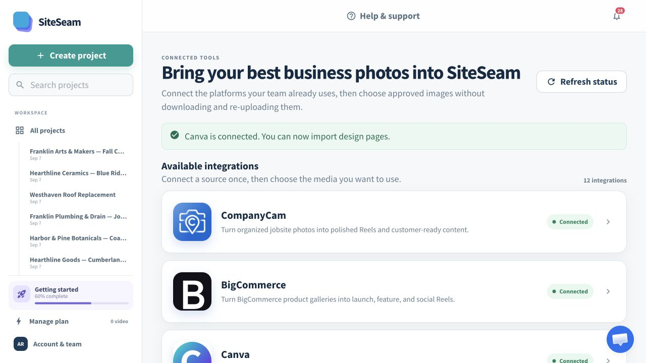 SiteSeam confirmation that the Canva integration is connected