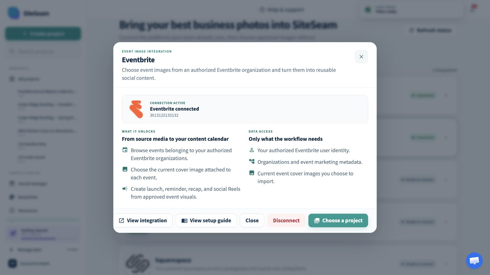 SiteSeam confirmation that the Eventbrite integration is connected