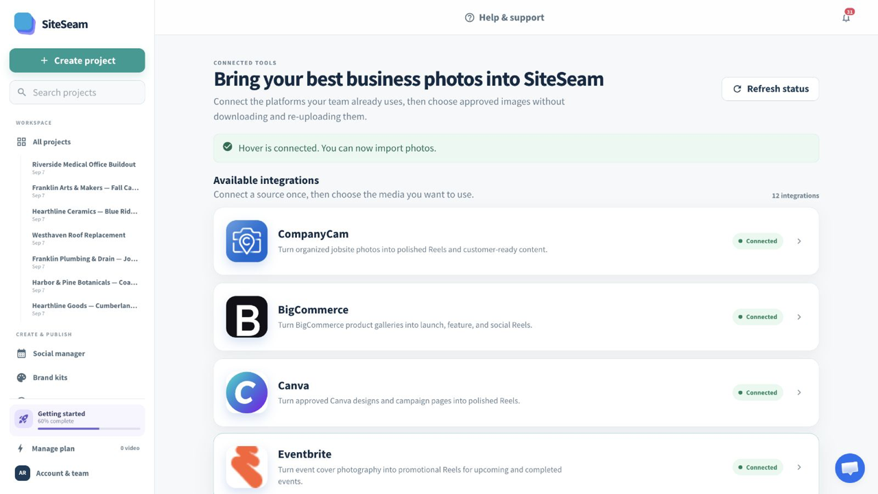 SiteSeam confirmation that the Hover integration is connected
