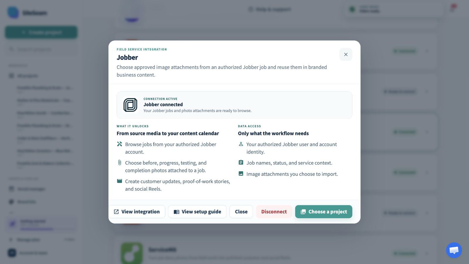 SiteSeam confirmation that the Jobber integration is connected