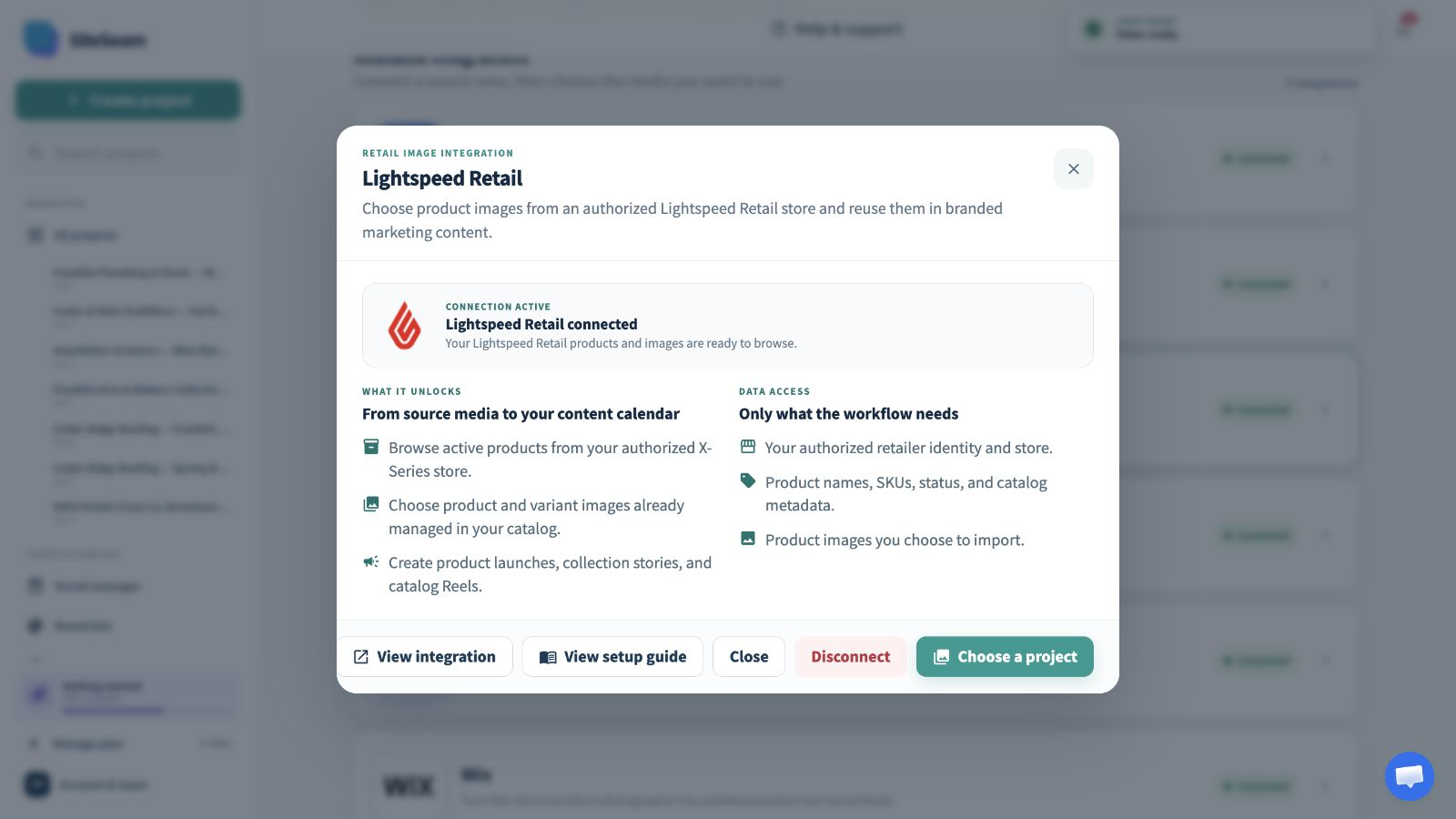 SiteSeam confirmation that the Lightspeed Retail integration is connected