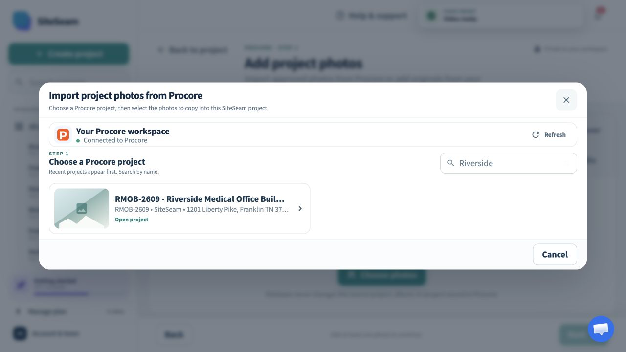 SiteSeam confirmation that the Procore integration is connected