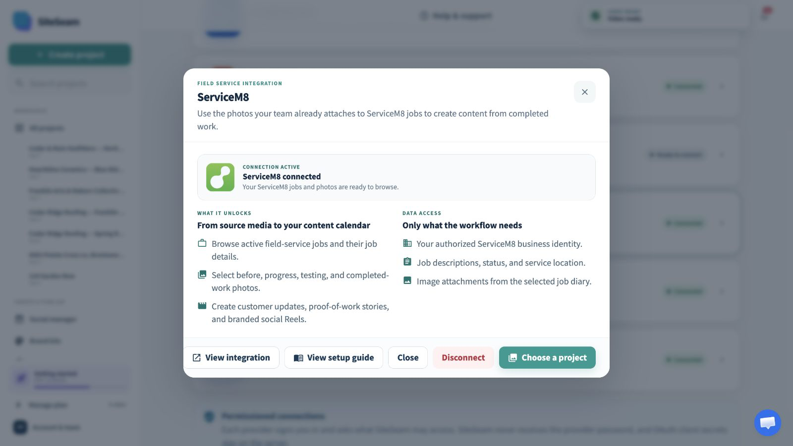 SiteSeam confirmation that the ServiceM8 integration is connected