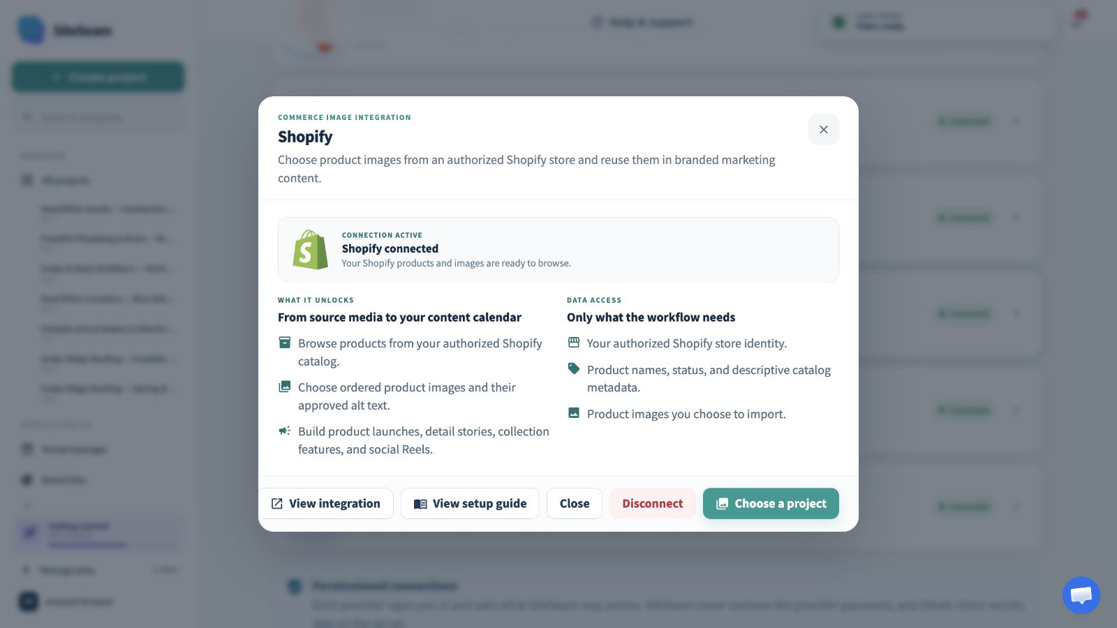 SiteSeam confirmation that the Shopify store is connected